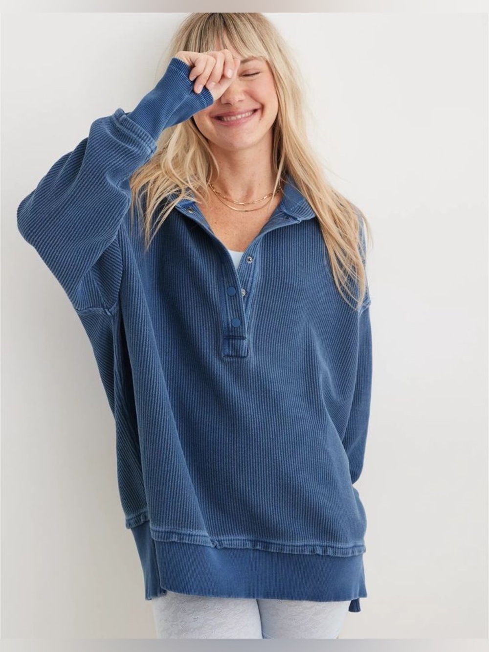 Aerie Blue Textured Oversized Hoodie XS